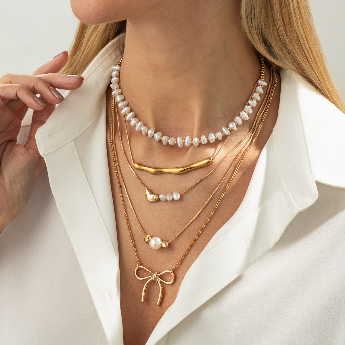 Geometric Pearl Heart & Bow Layered Necklace