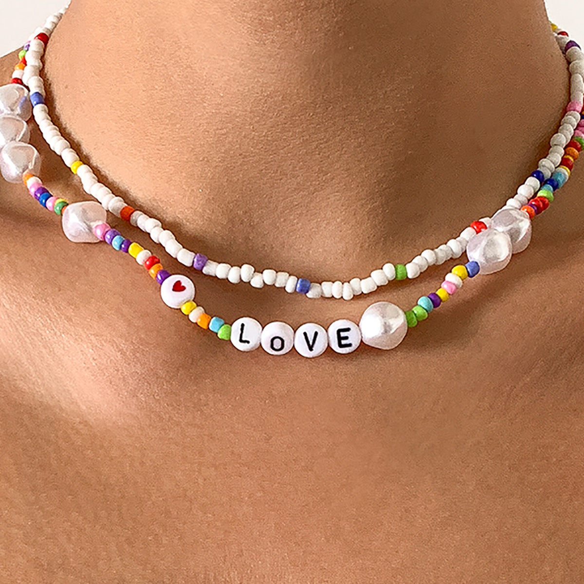 Planderful Pearl Letter Necklace With Mixed Color Imitation Pearls Women Statement Beaded Peach Heart Design