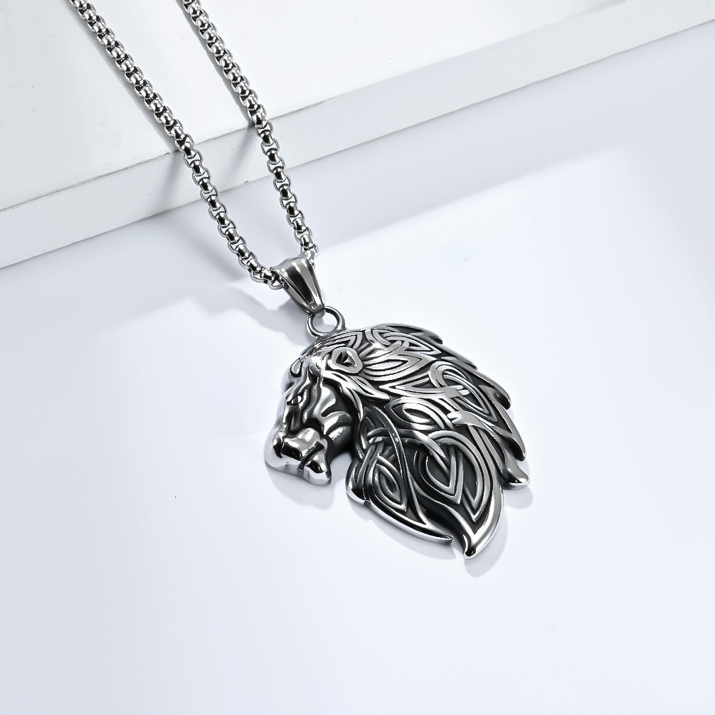 Planderful Viking Lion Head Pendant Necklace Durable Steel Triangular Knot Design For Him Bold Nordic Totem