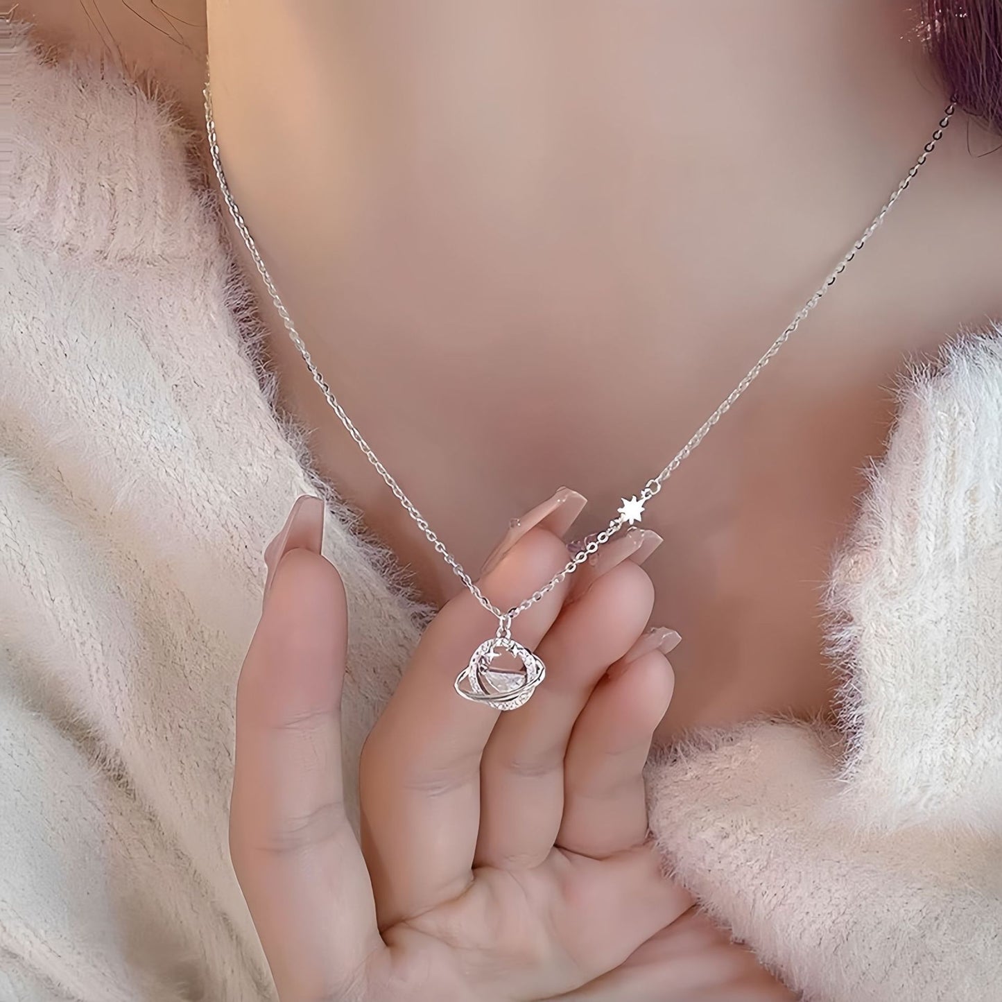 Planderful Sterling Silver Galaxy Necklace For Women Elegant Light Luxury Collarbone Chain Valentines Day Gift