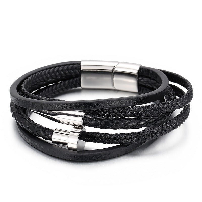 Planderful Leather Rope Bracelet For Men Stainless Steel