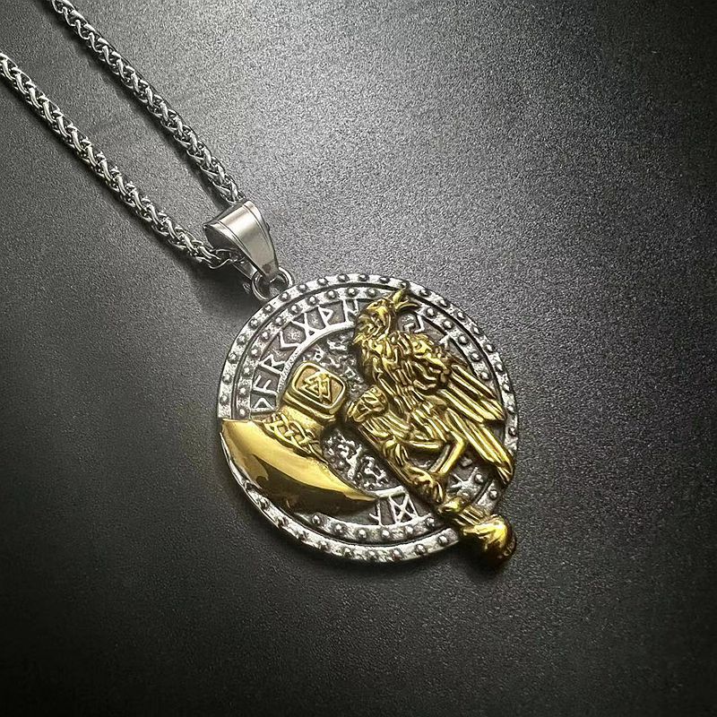 Steel Necklace - Vintage Nordic Viking Raven Tomahawk Pendant For Men With Polished Gold Plated Finish