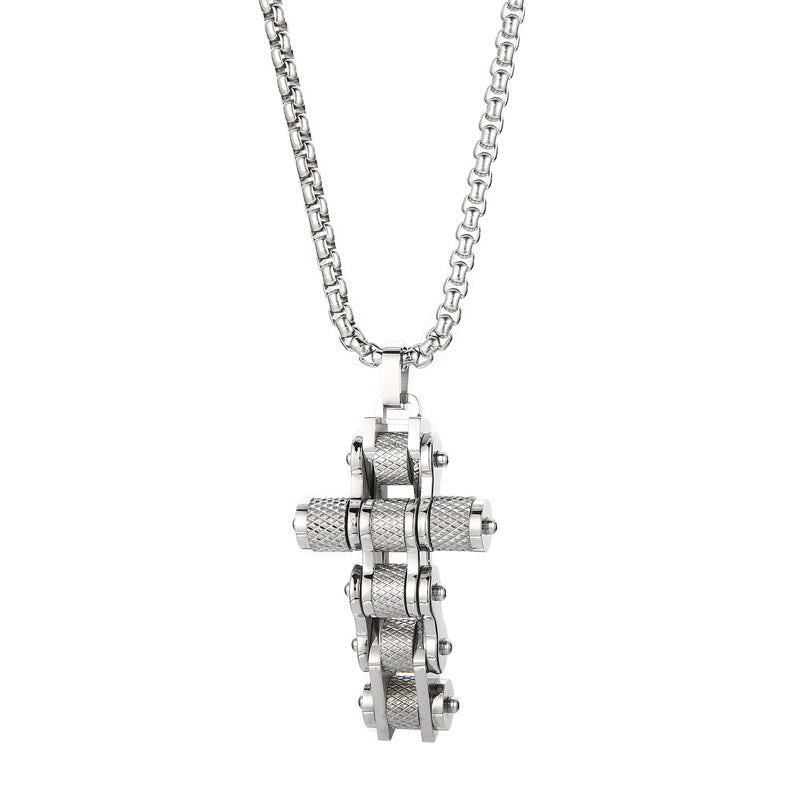 Creative Bicycle Chain Cross Pendant, Retro Hip-Hop Nightclub Men's Titanium Steel Square Pearl Necklace