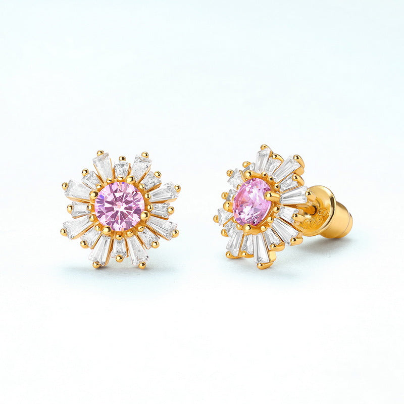 Zircon Pink Sun Flower Sterling Silver Stud Earrings