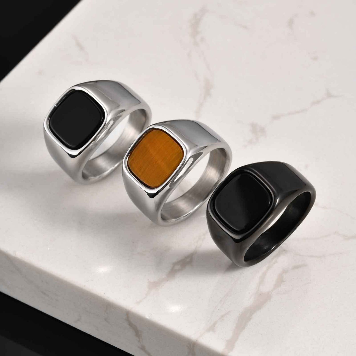 Stainless Steel Tiger Eye Men Ring Square Index Finger