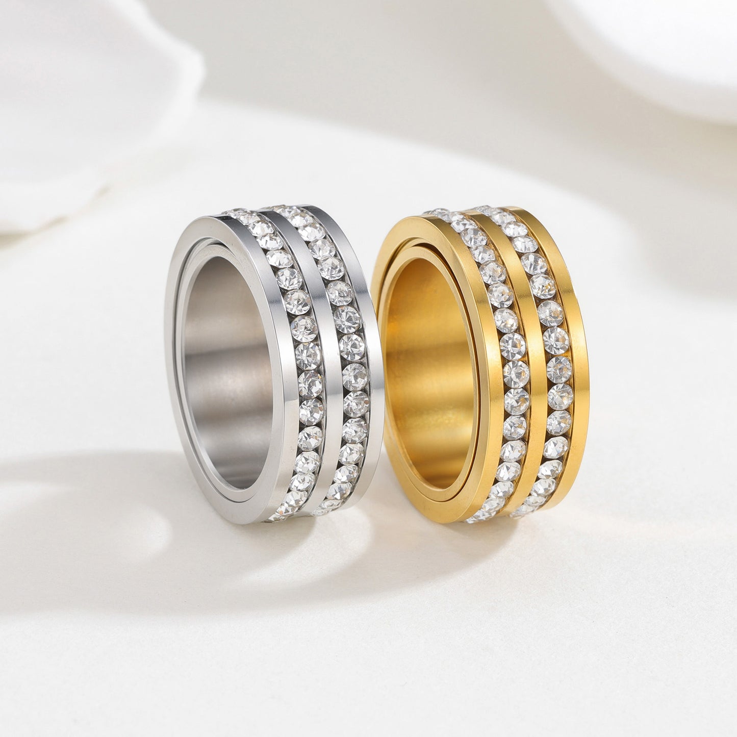 Planderful Everyday Genie Zircon Stainless Steel Ring Rotatable Double Row 8mm Gypsy Unisex Jewelry