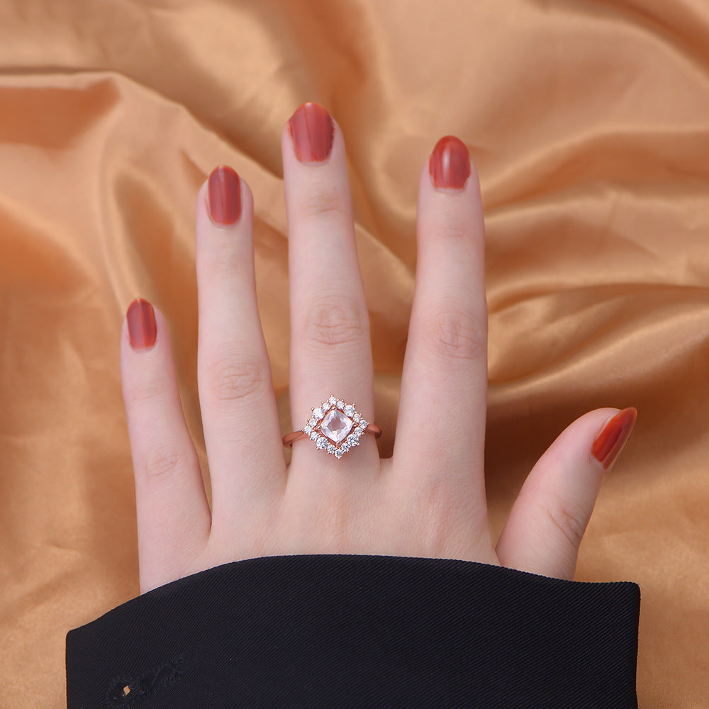 925 Sterling Silver Zircon Rose Gold Natural Powder Crystal Pillow Ring Classic Jewelry