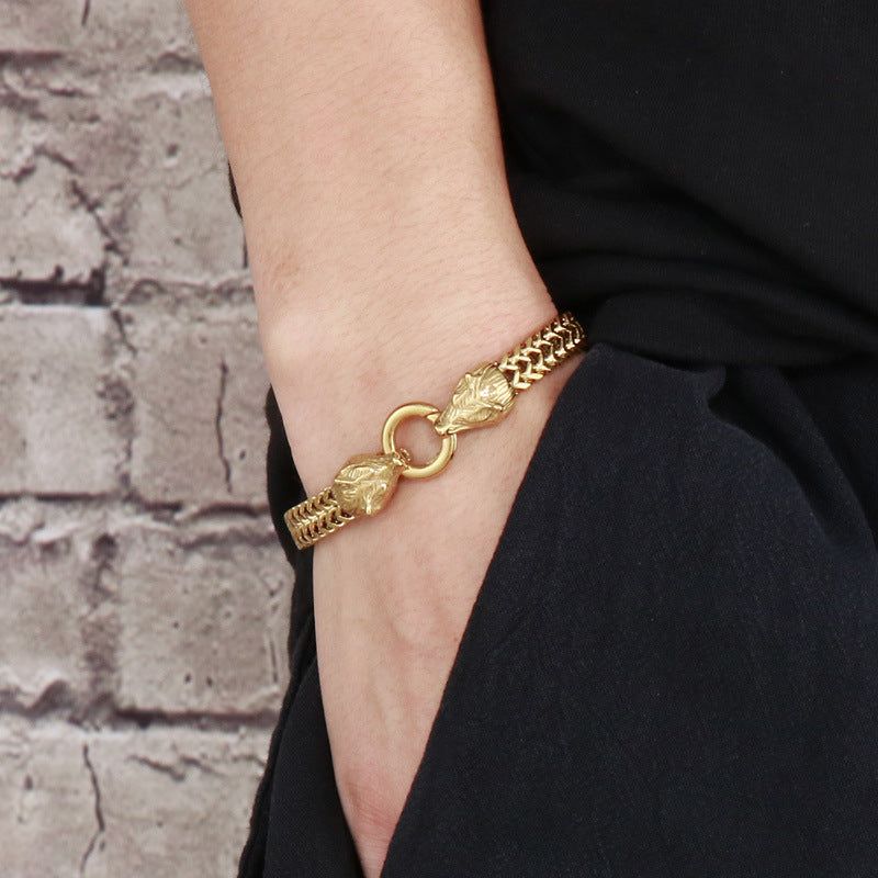 Titanium Steel Men's Bracelet with Double Wolf Head Design in Hip-Hop Style