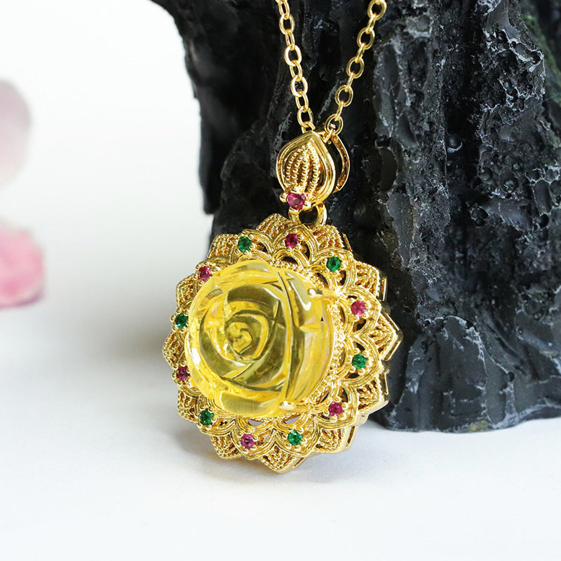 Golden Flower Amber Zircon Rose Pendant - Handcrafted Sterling Silver Jewelry
