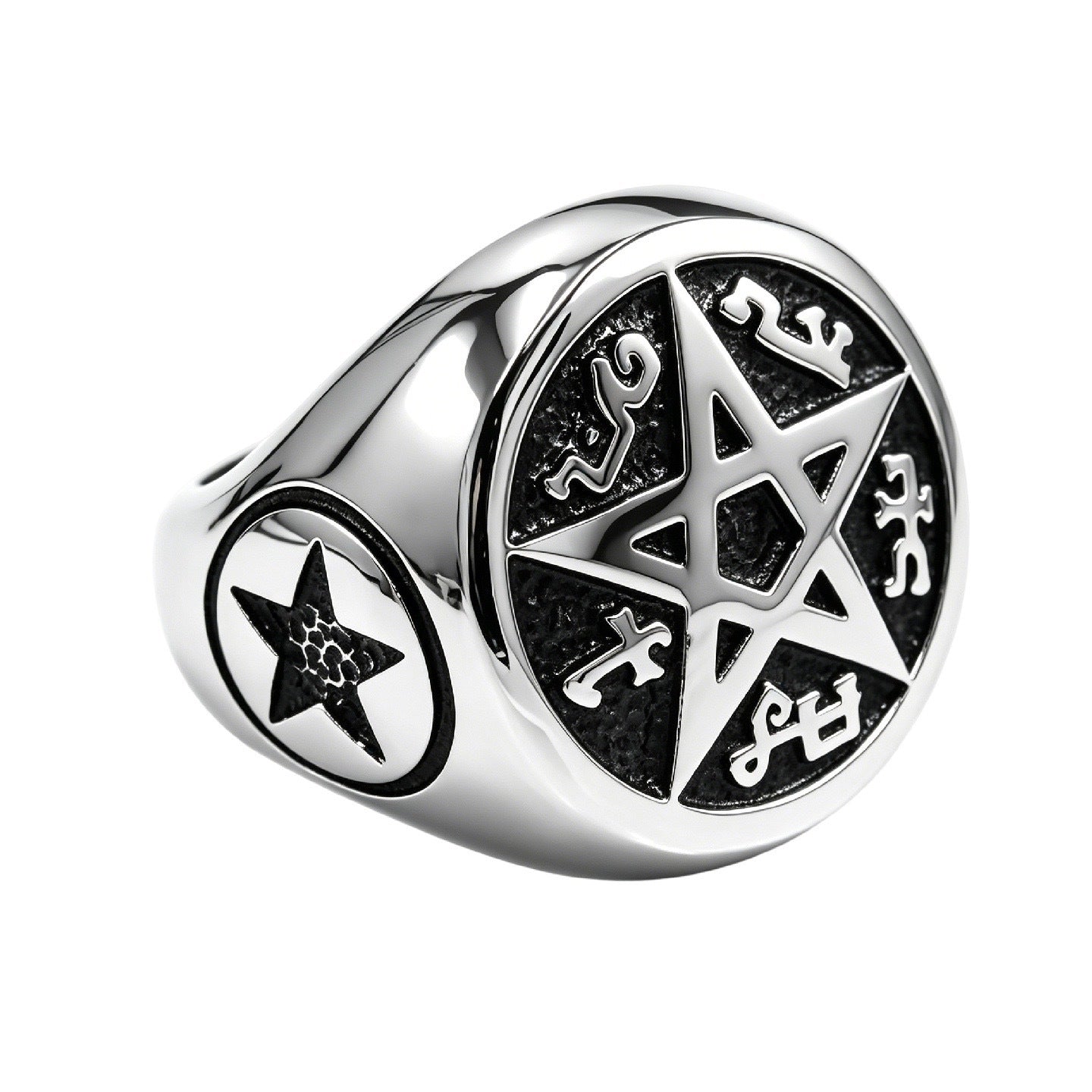 Planderful Titanium Steel Ring For Men Unisex Retro European American Style With Five Star Alien Text