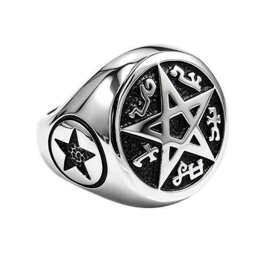 Planderful Titanium Steel Ring For Men Unisex Retro European American Style With Five Star Alien Text