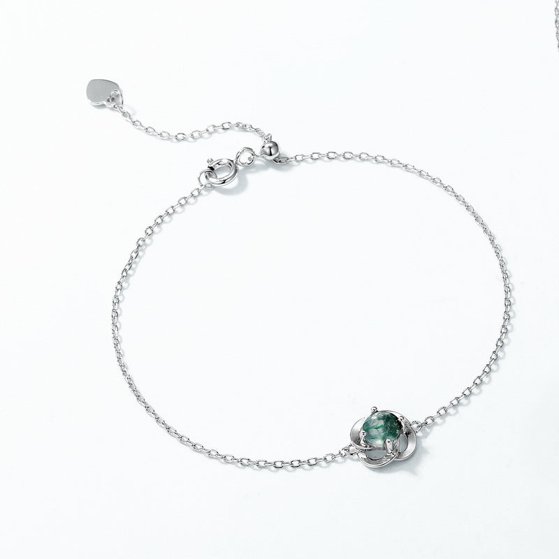 S925 Sterling Silver Moss Agate Four-Leaf Clover Bracelet