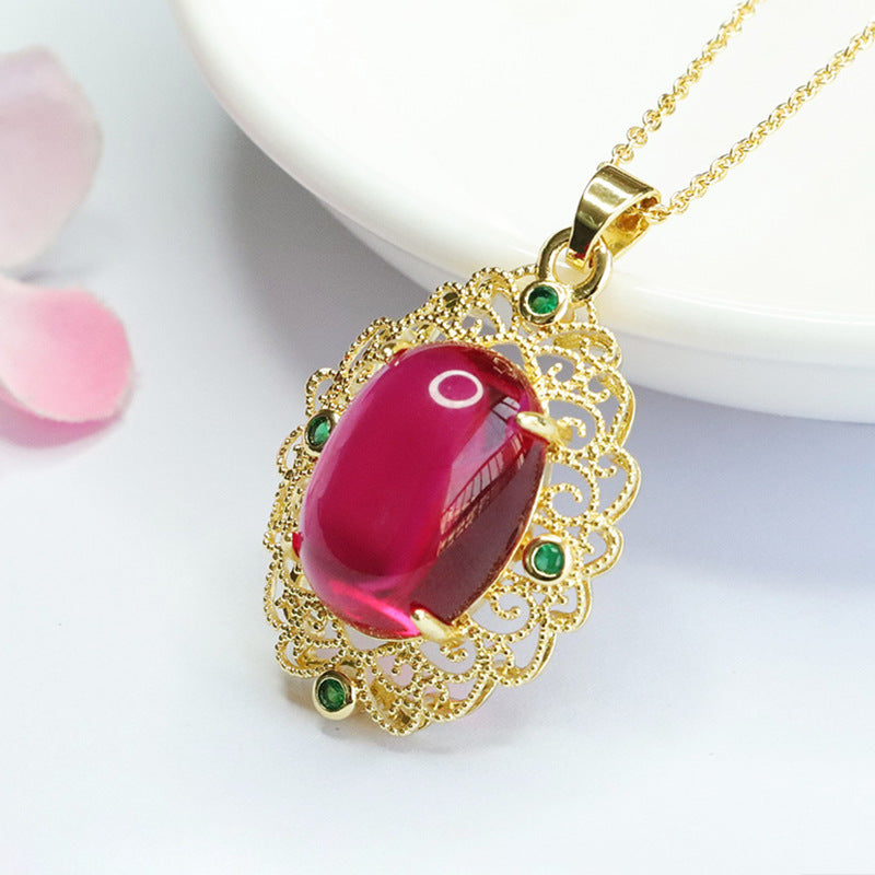 Lab-Grown Ruby Patterned Oval Pendant — No Chain