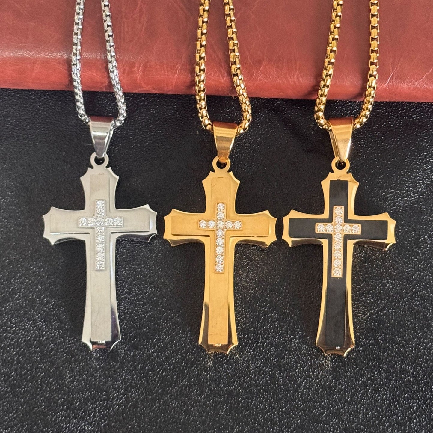Planderful Titanium Steel Cross Pendant With Zircon Inlay 3D Three Layer Mens Stainless Necklace Punk European Style