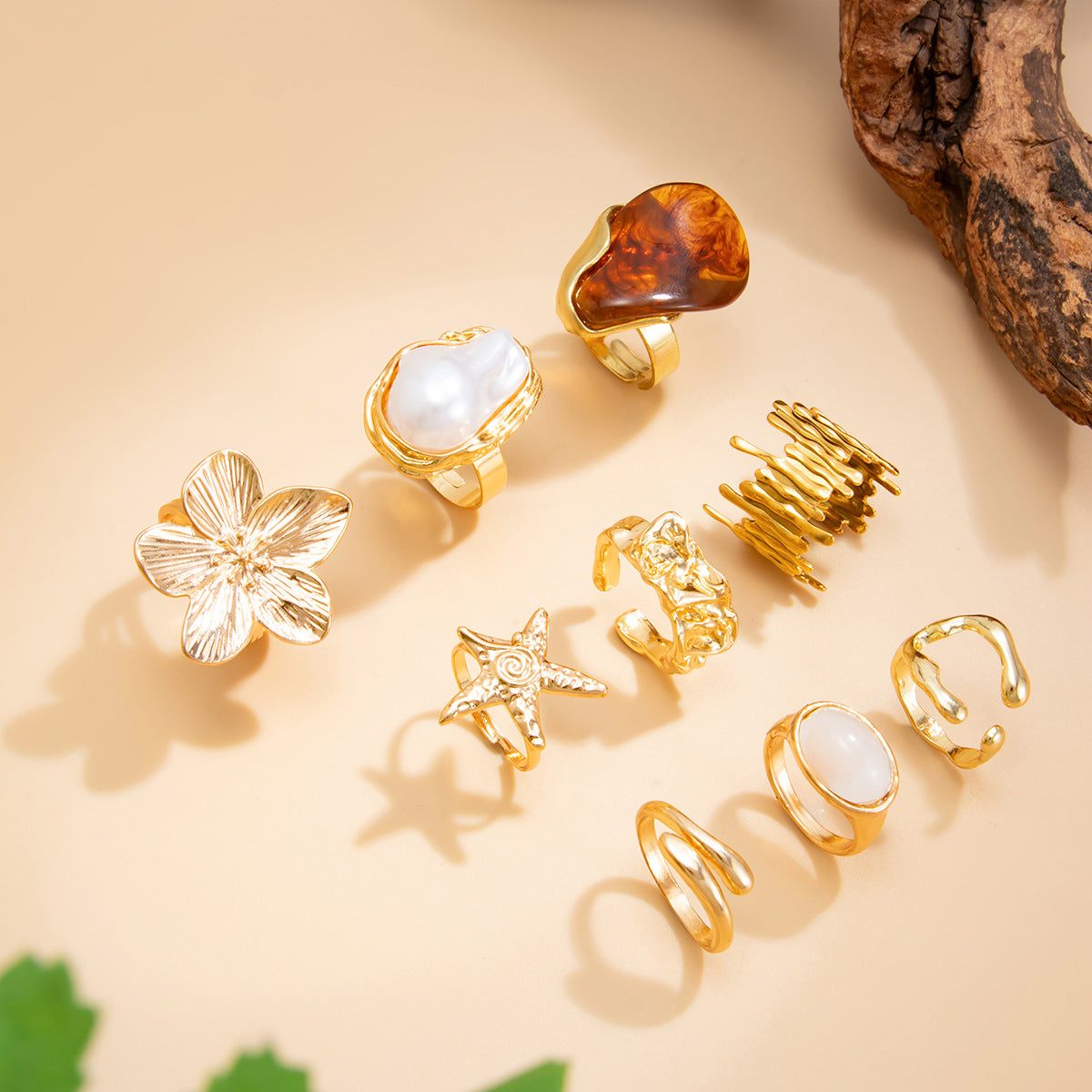 Planderful Vienna Verve Stackable Imitation Pearl Starfish Ring For Women Open Floral Design Statement Jewelry