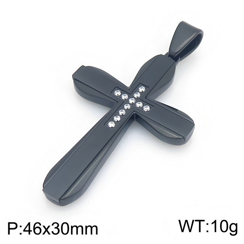 Hip Hop Rock Double Contrast Color Zircon Cross Titanium Steel Pendant Back Stainless Necklace