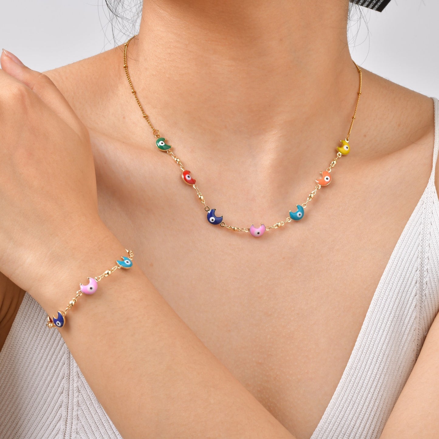 Stainless Steel Bead Chain Copper Epoxy Colored Moon Necklace