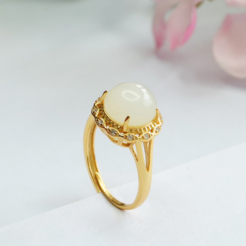 925 Sterling Silver Hetian Jade Round Ring