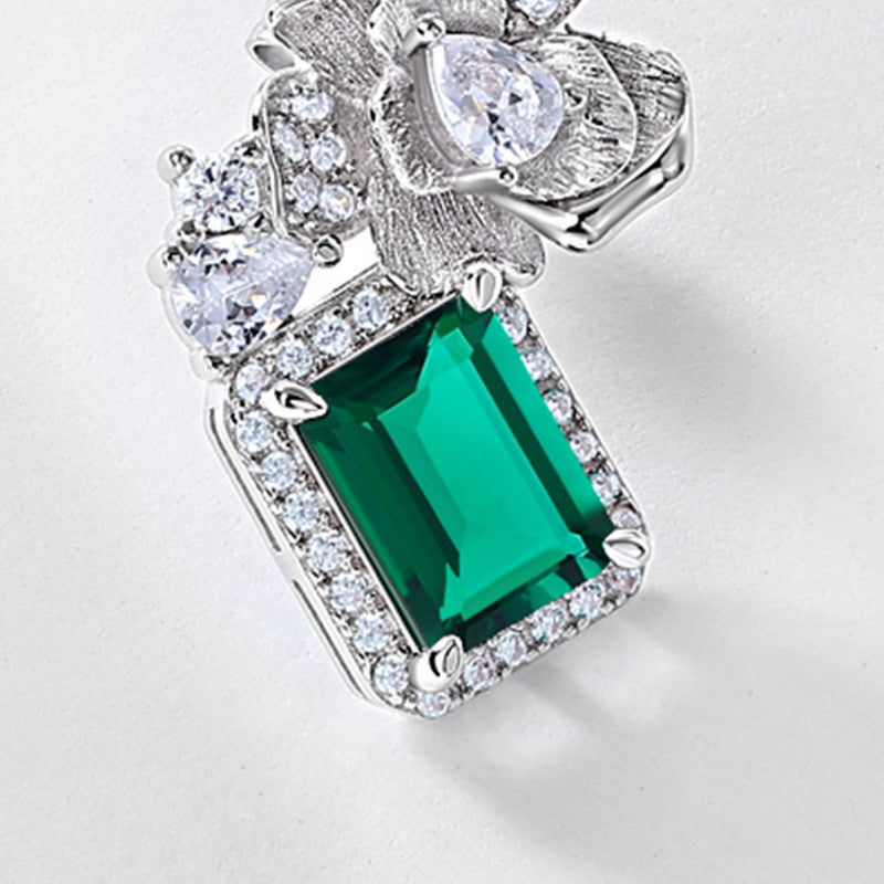 S925 Sterling Silver Lab-Grown Emerald Flower Stud Earrings