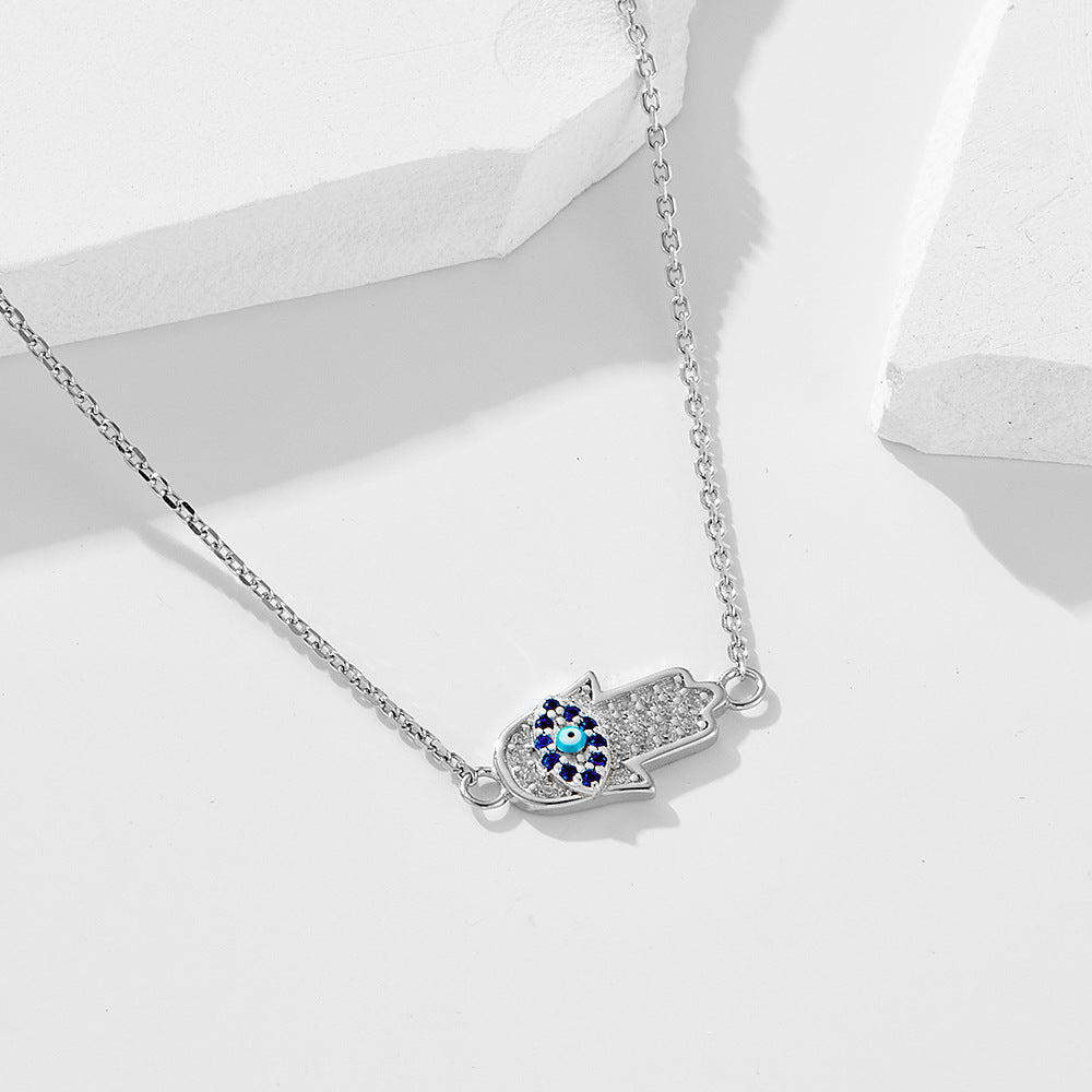 Micro-Inlaid Zircon Devil'S Eye Sterling Silver Necklace Inlaid Dripping Oil Palm Pendant
