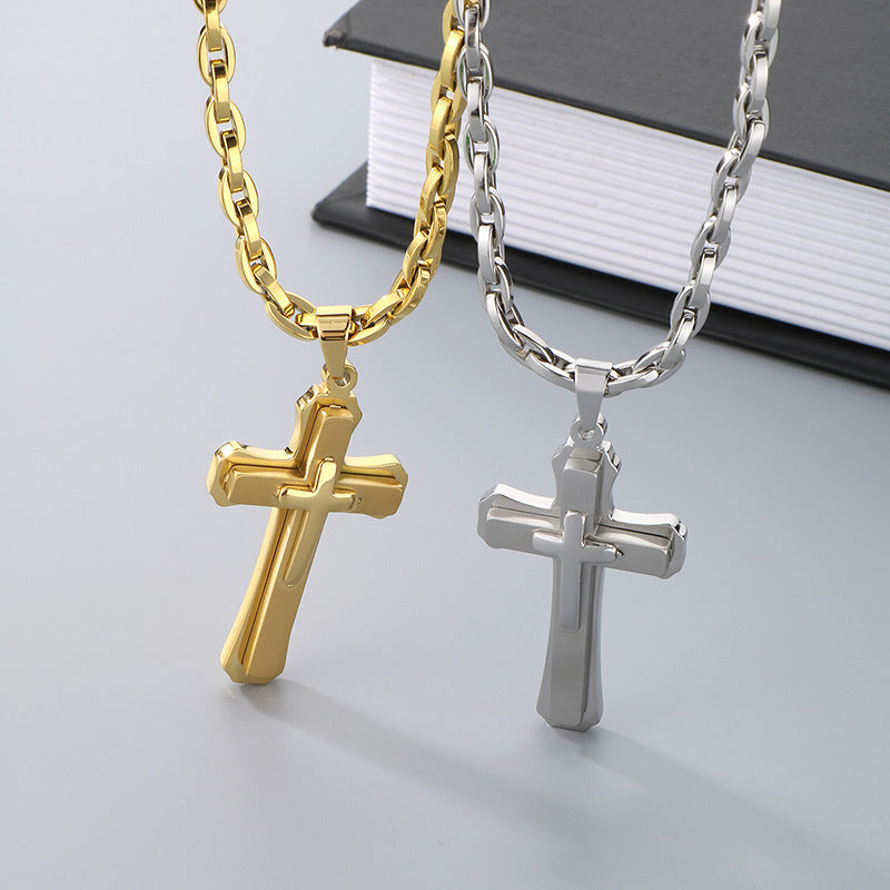 Planderful Men Cross Necklace Bamboo ThreeLayer Titanium