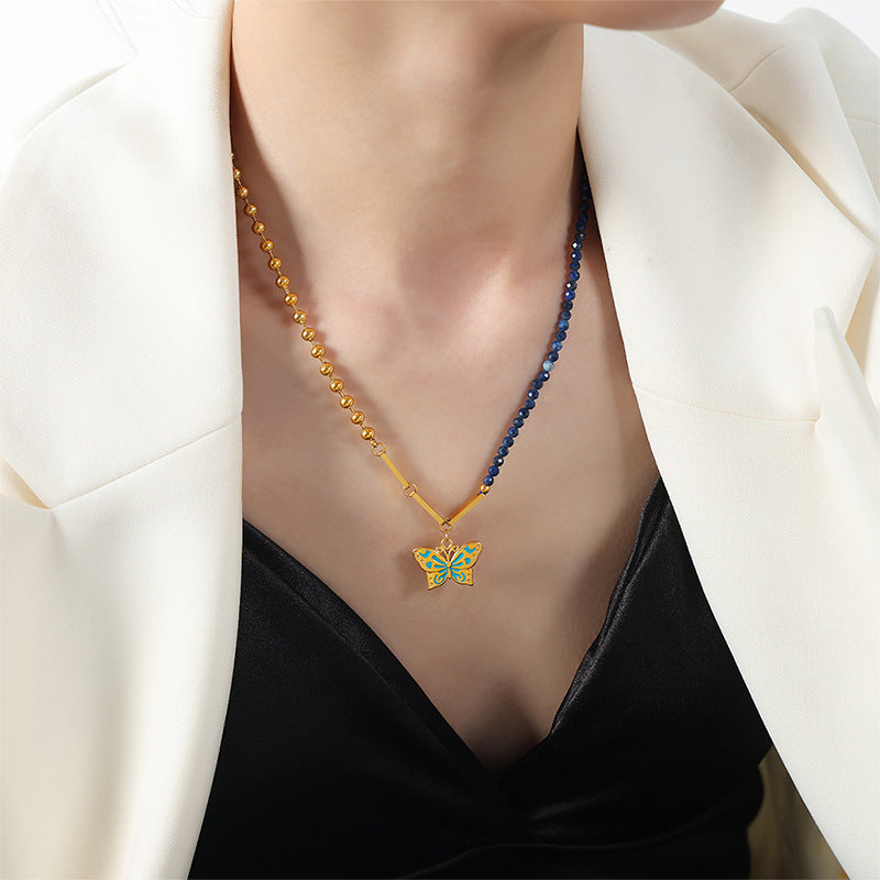 Golden Butterfly Charm Handmade Necklace with Natural Stones and Titanium Steel - Elegant Female Jewelry