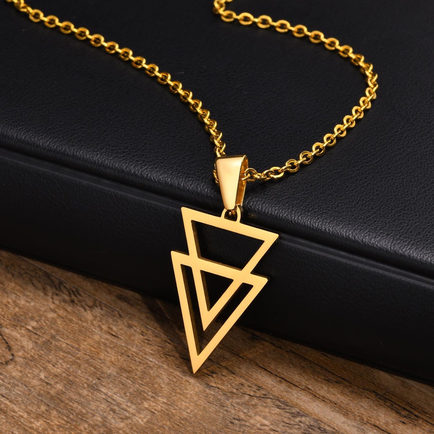 Men's Geometric Necklace Stainless Steel Triangle Pendant Black