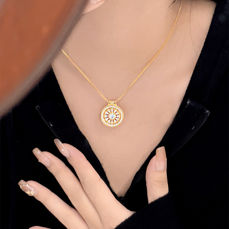 Guochao Hollow Auspicious Eight Treasures Compass Necklace Women's S925 Sterling Silver Clavicle Chain