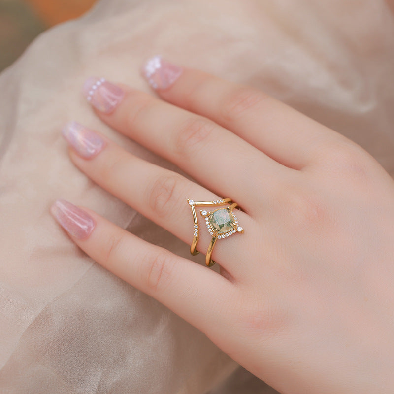 Planderful Jewelry Geometric Aquatic Agate Ring in S925 Silver Gold Plated V Shape