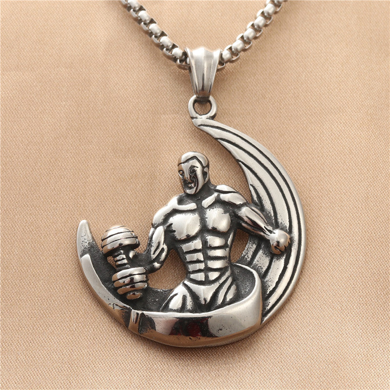 Titanium Steel Weightlifting Dumbbell Necklace - Retro Punk Stainless Steel Pendant for Men's Fitness Fashion