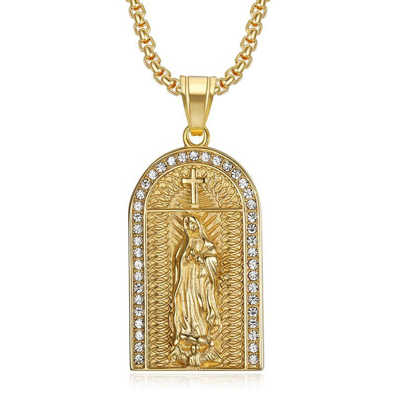 Planderful Hip Hop Jewelry Madonna Portrait Necklace Unisex Gold Plated Stainless Steel Zircon Pendant