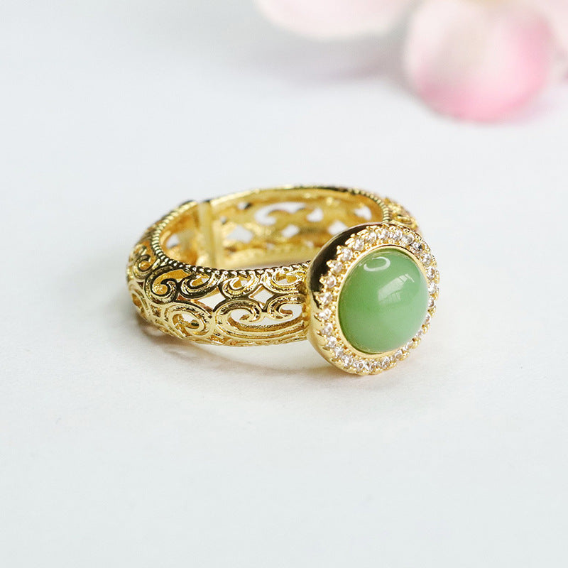 Elegant Jasper Jade Ring Embellished with Hollow Ruyi Pattern