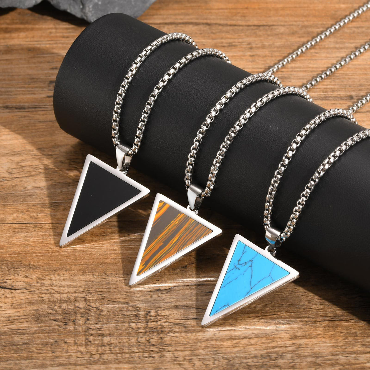 Stainless Steel Triangle Natural Tiger's Eye Stone Black Agate Pendant Necklace Men's