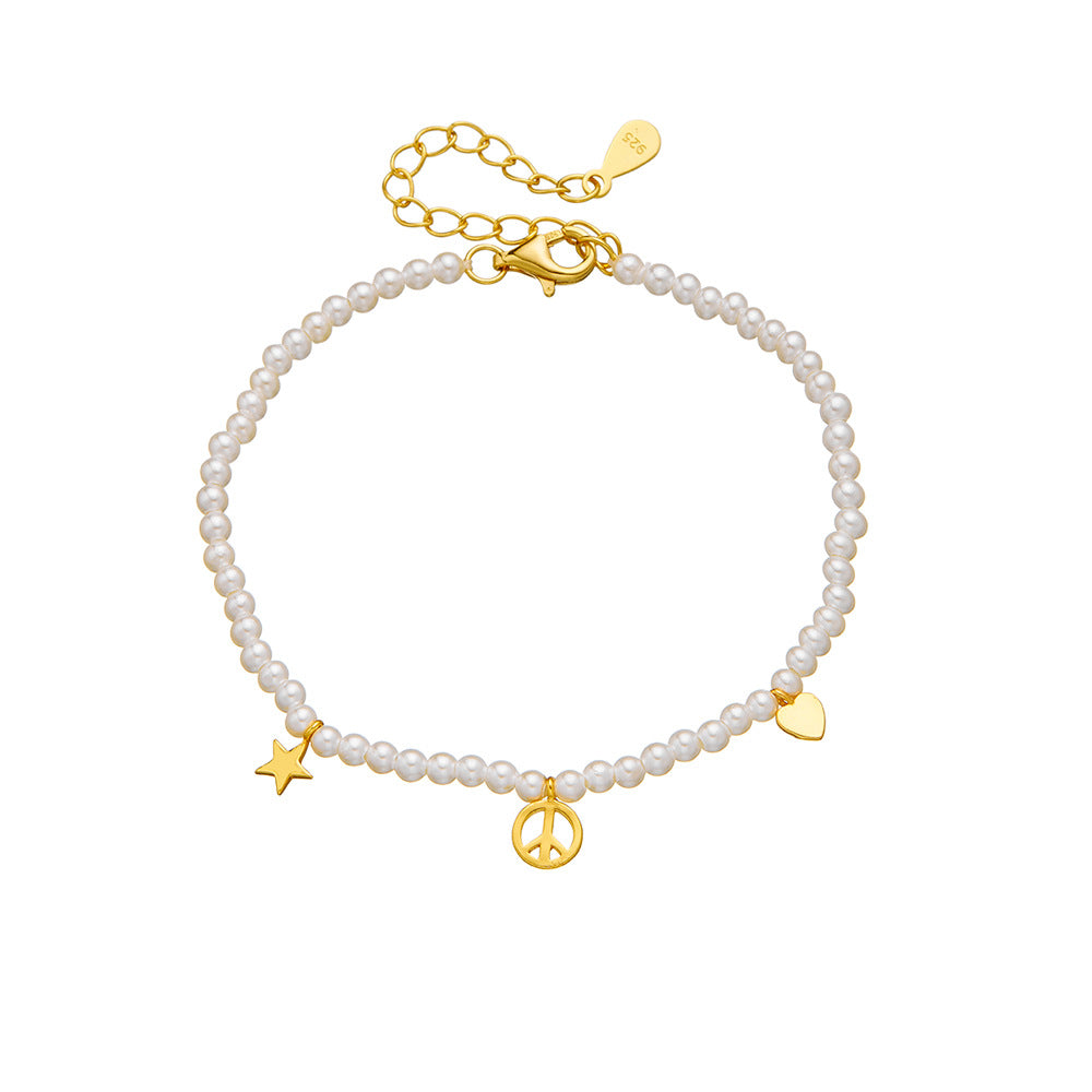 925 Sterling Silver Gold-Plated French Romantic Style Pearl Bracelet Elegant