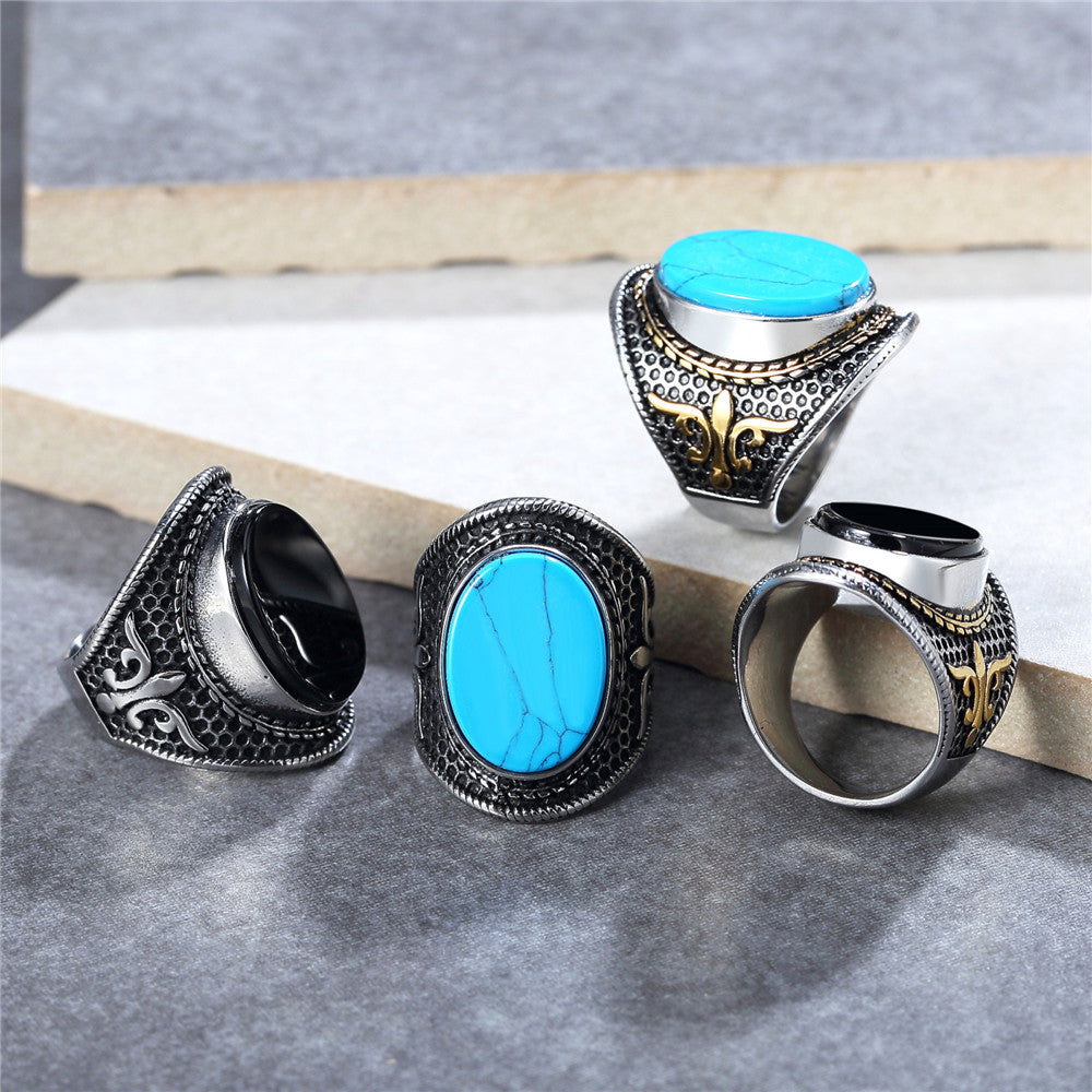 Planderful Everyday Genie Titanium Steel Ring Turquoise Black Stone For Men Unisex Punk Stage Protection Statement