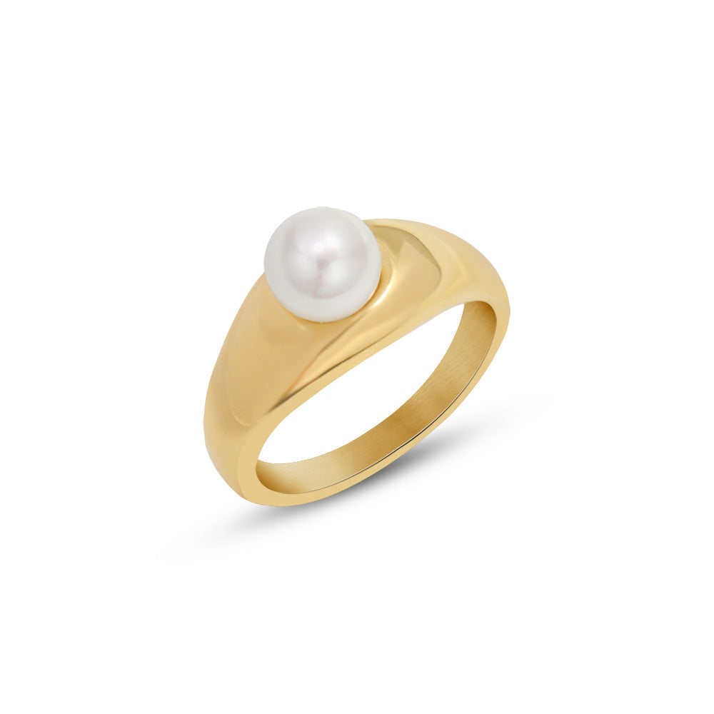 Gilded French-inspired Faux Pearl Ring - Stackable Statement Jewelry for Women