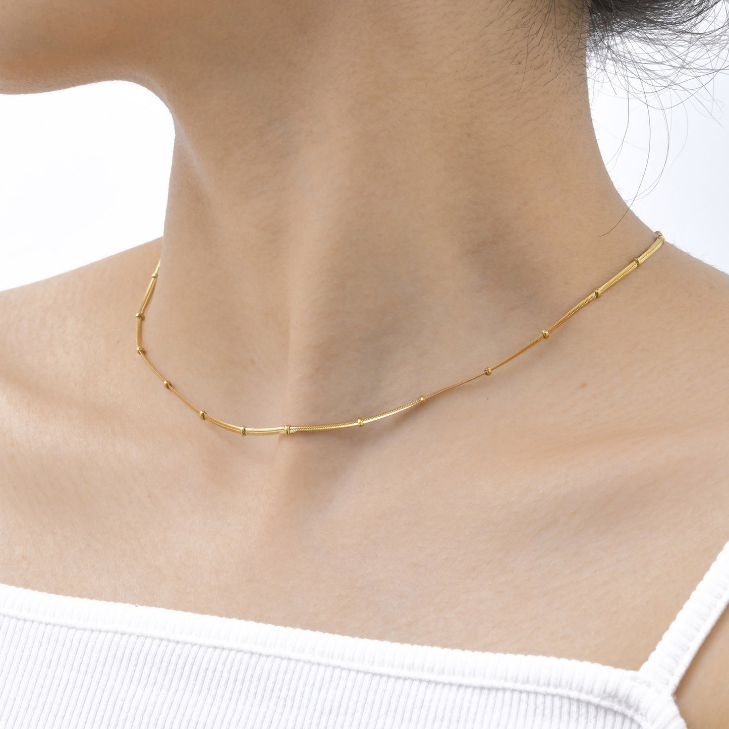 Gold Necklace – Stainless Steel Flat Snake Chain – Bead Bracelet