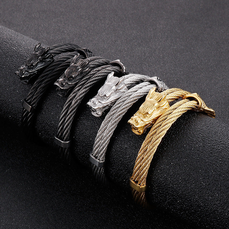 Dragon Design – Punk Style 8mm Sunway Asia Line Zodiac Dragon Titanium Steel Men's Bracelet