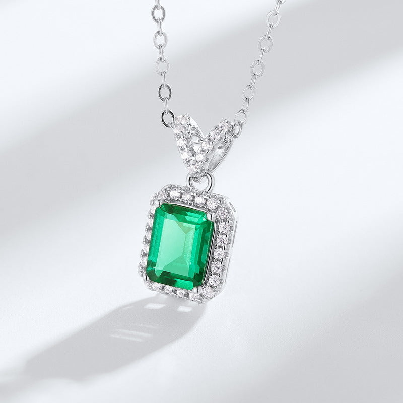 S925 Sterling Silver Lab-Grown Emerald Geometric Vintage-Inspired Necklace