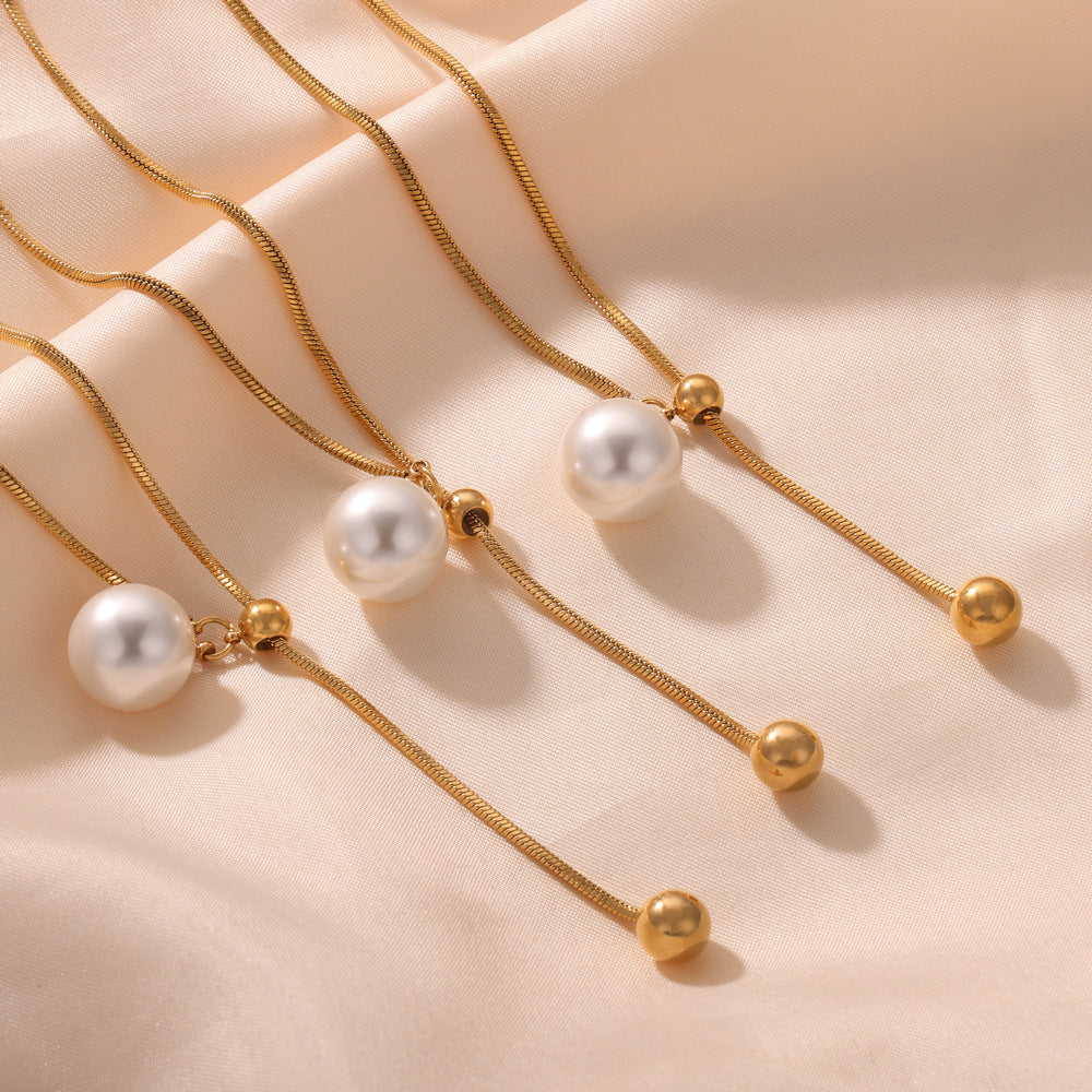 Elegant Titanium Steel Necklace with Gold-Plated Beads and Pearl Pendant