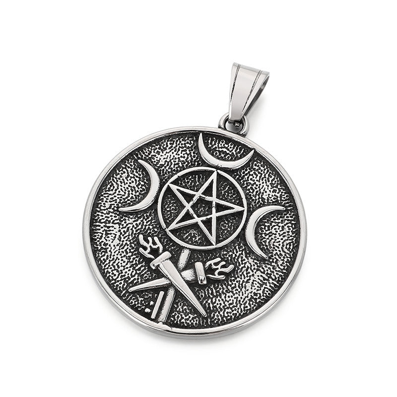 Retro Pentagram Triple Moon Necklace, Gothic Wind Snake Wrapped Pentagram Men's Titanium Steel
