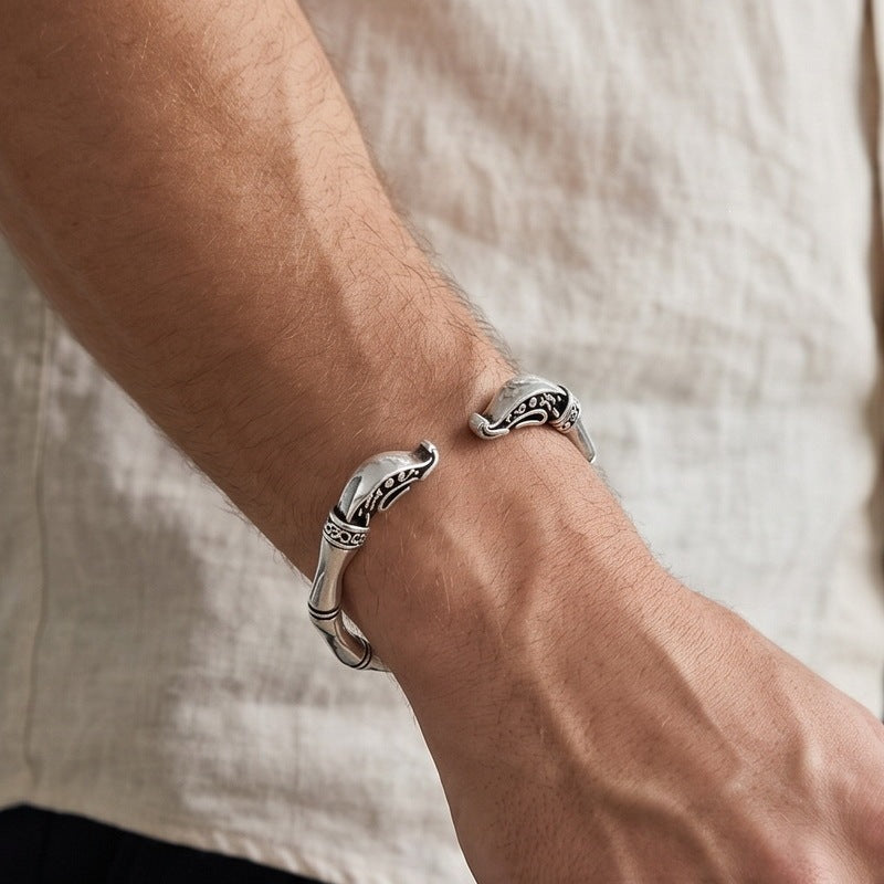 Punk Dark Bamboo Snake Head Skull Open Bracelet Hands Clenched Fist Stainless Steel Men's