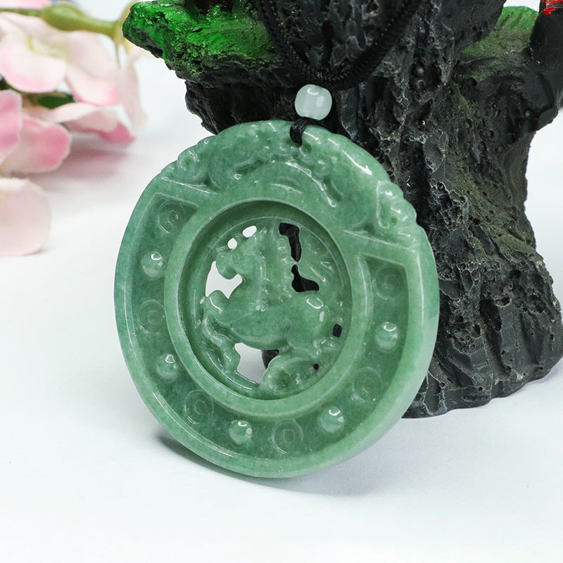 Myanmar Grade A Jade Horse Carving Hollow Round Pendant for Luck and Abundance