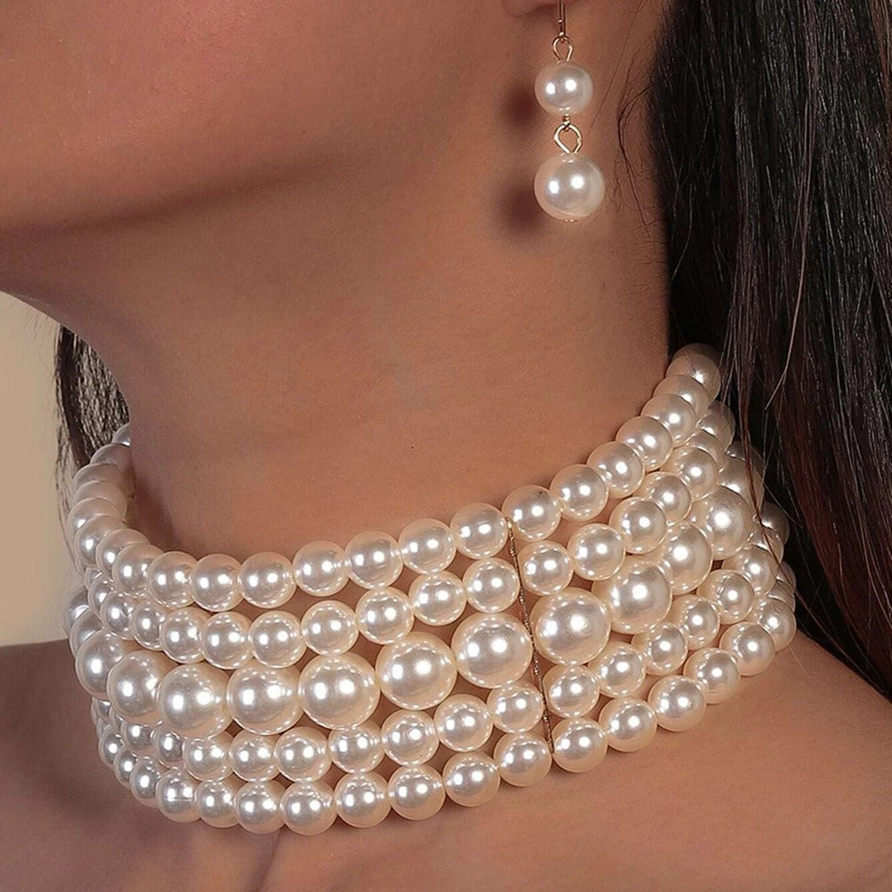 Luxurious European and American Multilayer Faux Pearl Choker Necklace Set - Wholesale Amazon Jewelry Collection