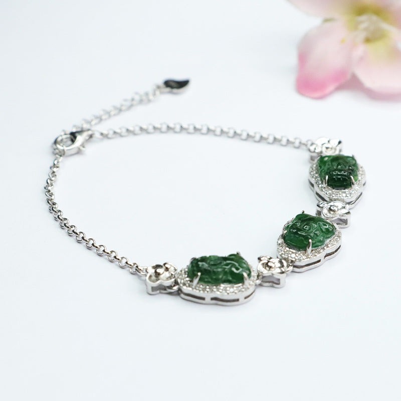 Imperial Green Pixiu Bracelet with Natural Ice Jade Inlay