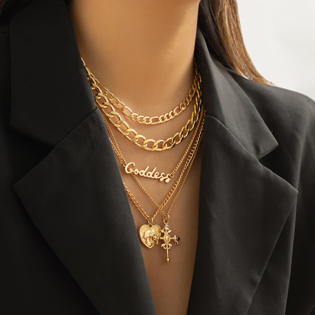 Vintage Letter, Cross & Portrait Layered Necklace