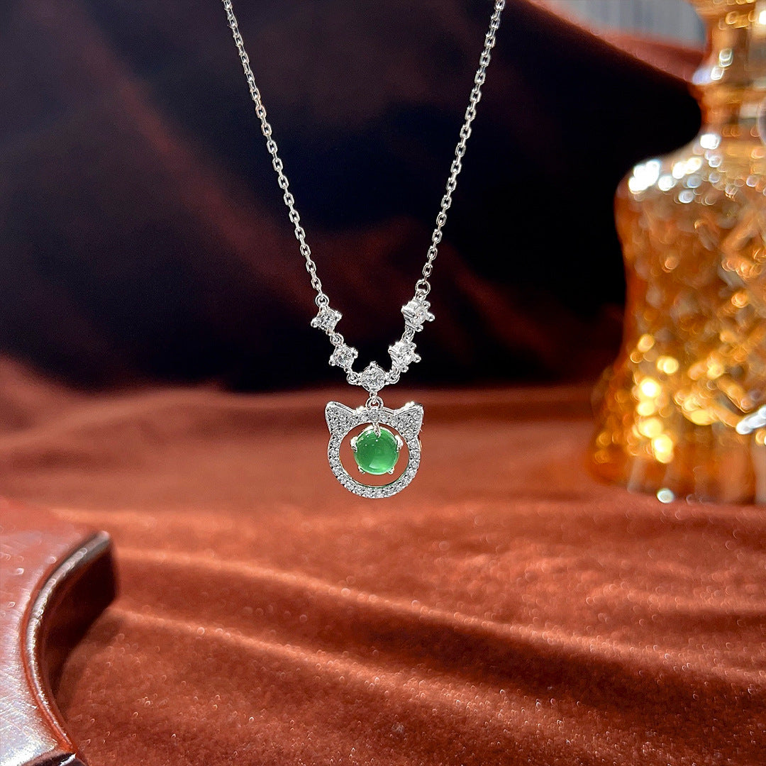 S925 Sterling Silver Cat Chalcedony Inlaid Necklace Female Cute Design