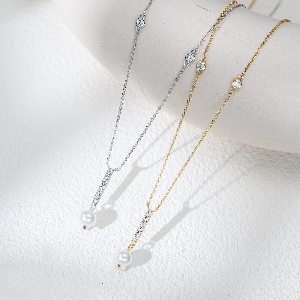 Planderful S925 Sterling Silver Pearl Zircon Geometric Pendant Necklace For Women