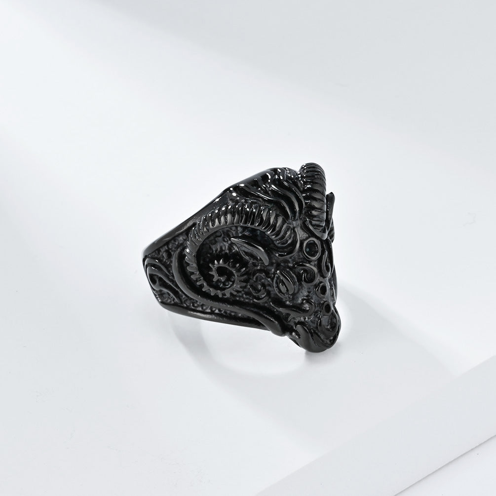 Cross-Border Retro Goat Head Titanium Steel Ring for Men