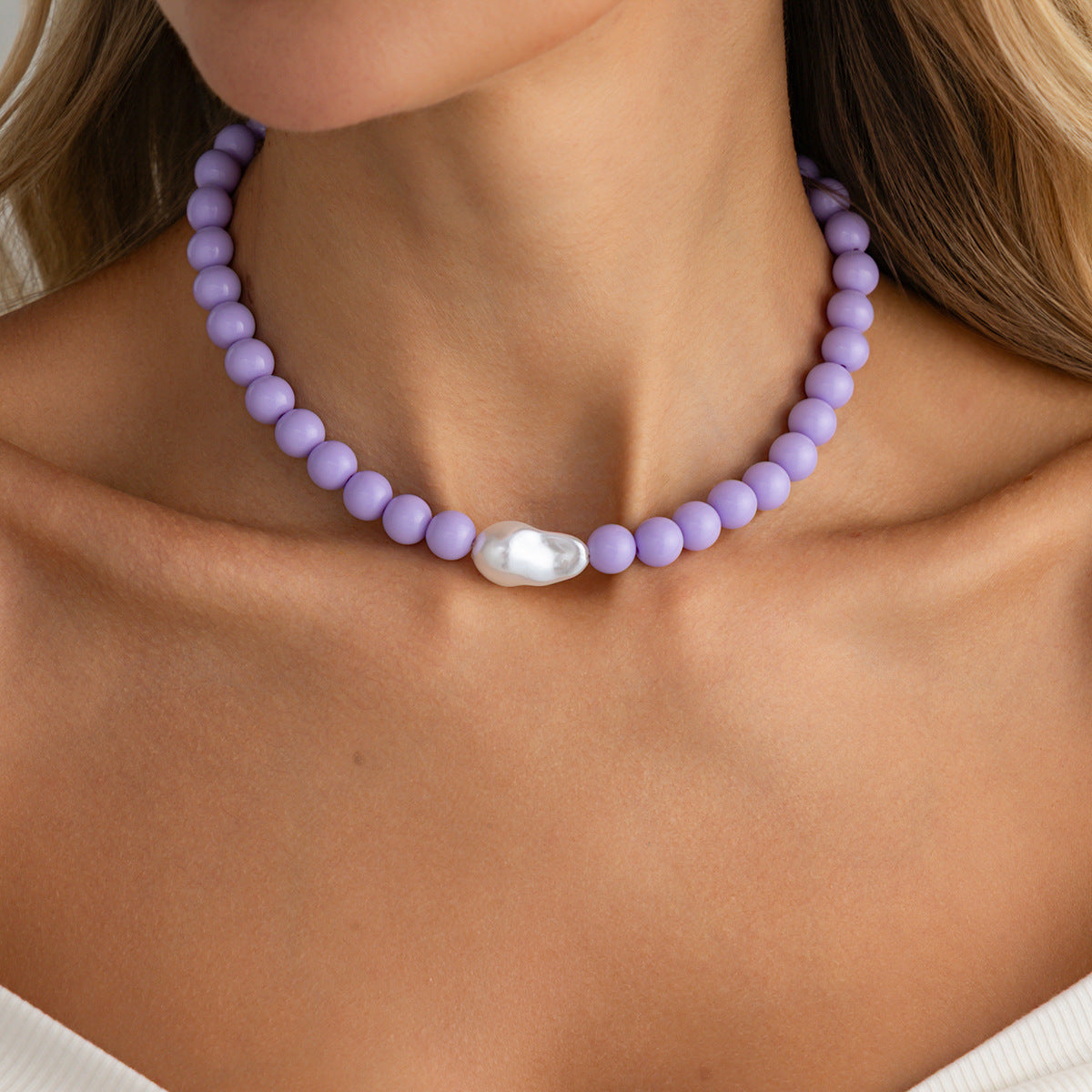 Colored Round Beads Pearl Necklace Dopamine Beaded Holiday Wind Necklace